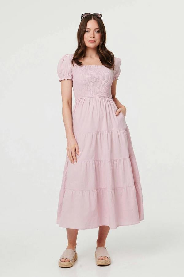 Pink | Tiered Shirred Puff Sleeve Midi Dress