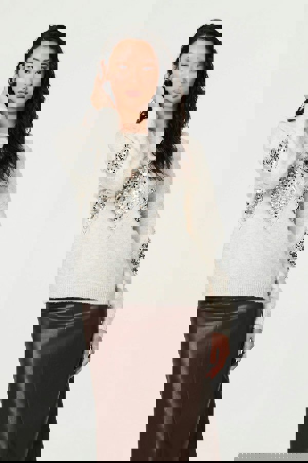 Beige | Sequin Diamond Detail Relaxed Jumper
