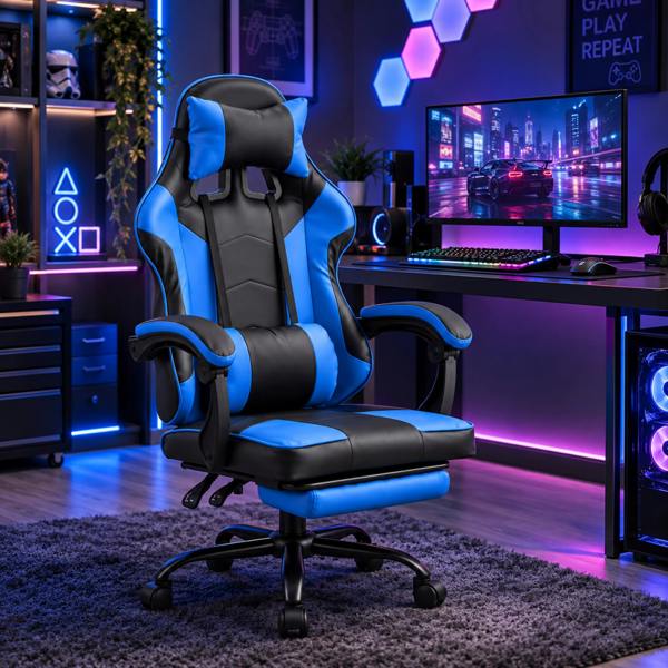 Samuel Alexander Ergonomic Gaming Chair with Footrest and Removable Pillows in Blue