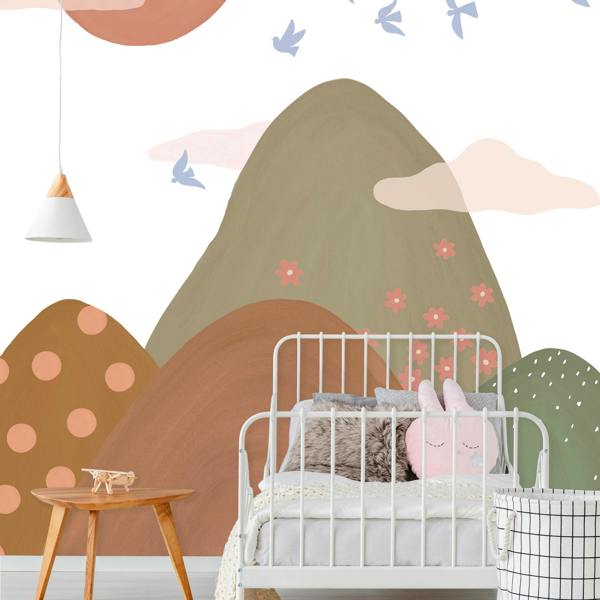 Roomblush Nursery Sunset Mountain Tops 6 Lane Repeatable Wallpaper Mural 300 x 285cm, Warm Neutrals