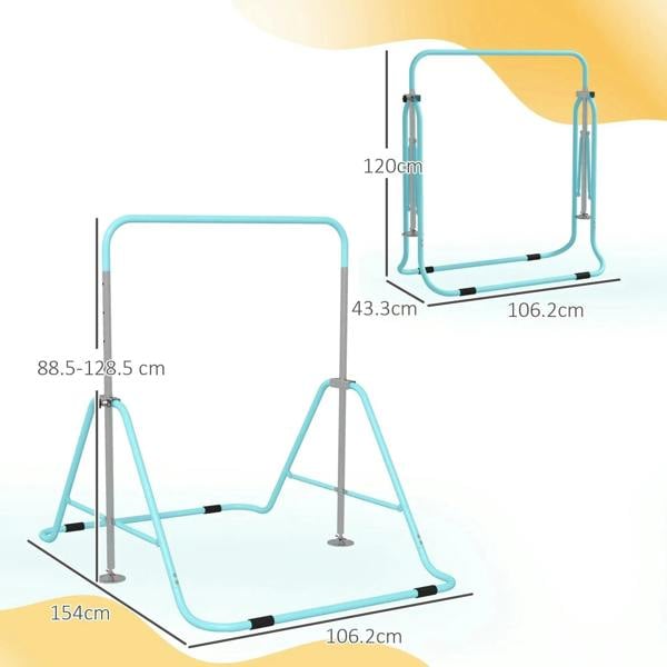 Light blue kids gymnastic bar with adjustable height legs and foldable horizontal bars, size view