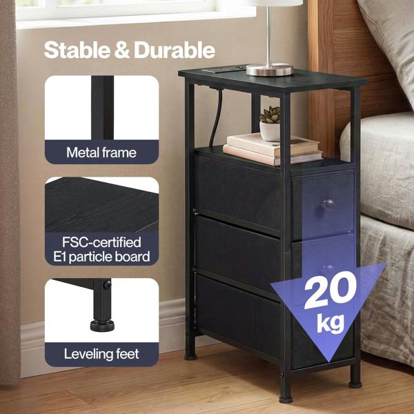 Levede Slim Bedside Table with Charging Station 3 Drawers for Bedroom Black