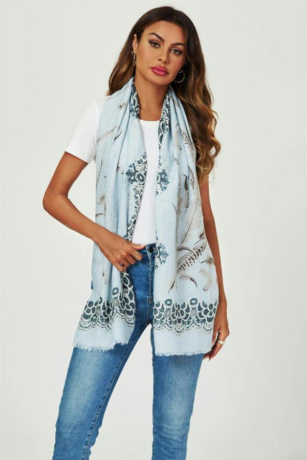 FS Collection Geometric & Feather & Lace Print Scarf In Blue