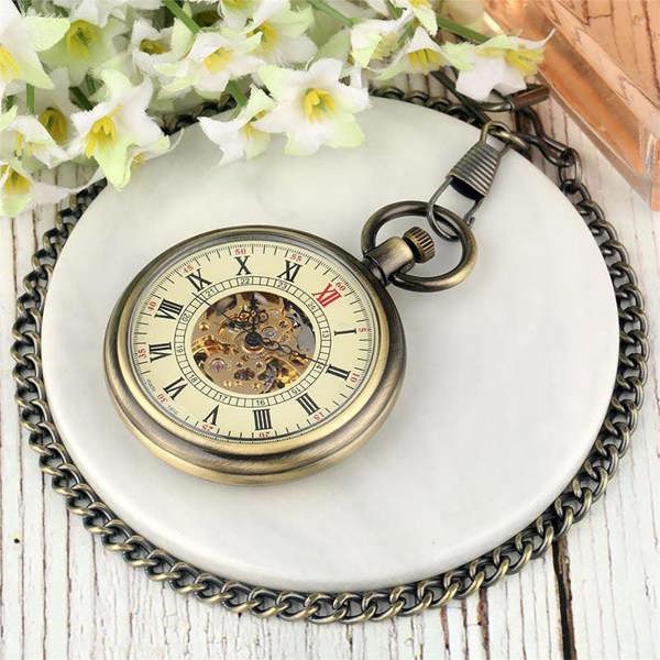 Infinity Leather Mechanical Bronze Skeleton Antique Open Face Pocket Watch