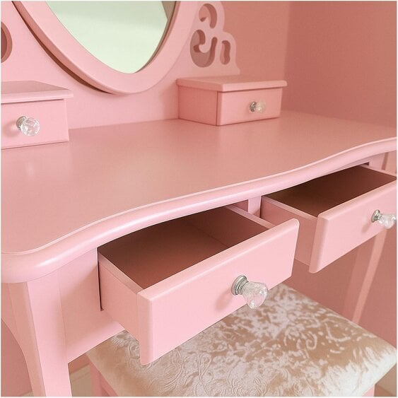 Kosy Koala Pink Heart Dressing Table Makeup Desk Vanity Set White Mirror Drawers Stool