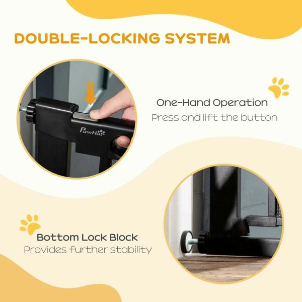 Black pressure-fit safety gate lock system with one-hand press-and-lift button