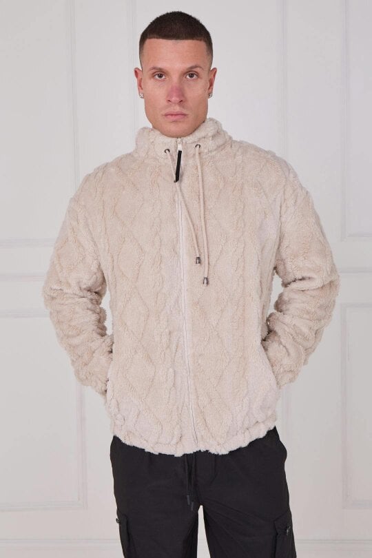 Luxe Textured Faux Fur Zip Jacket - Beige