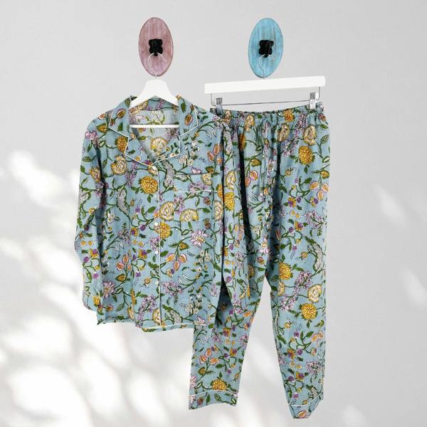 Hayley & Co Pale Blue Block Print Floral 100% Cotton Long Pyjama Set