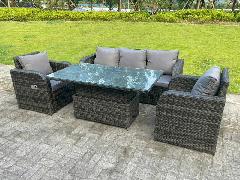 Fimous Dark Mixed Grey Rattan Outdoor Garden Furniture Lifting Adjustable Dining Or Coffee Table Sets Lounge Sofa Recling Chairs 5 Seater