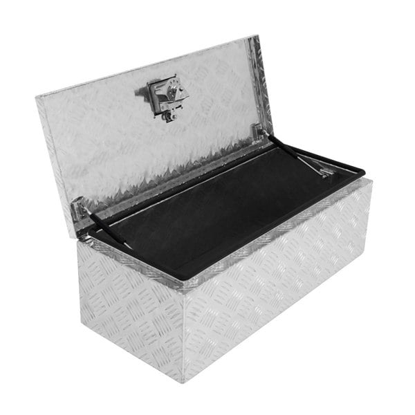 Aluminium Tool Box 60L in silver with a textured diamond plate design, featuring a sturdy lid and spacious interior for tools