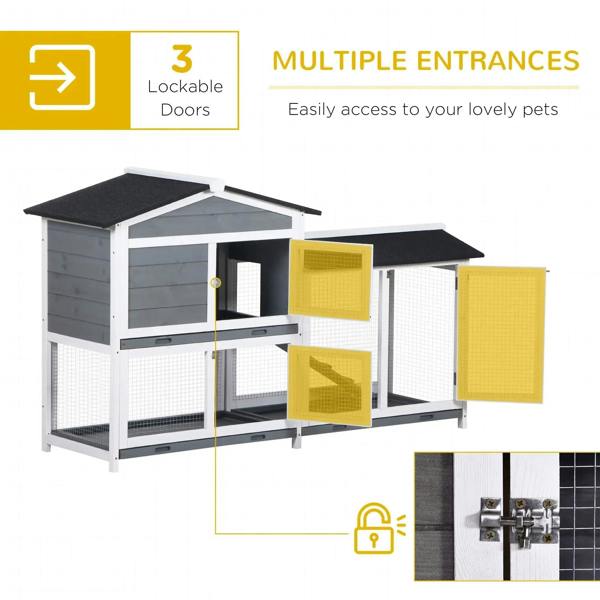 Grey wooden 2-tier rabbit hutch with multiple entrances and open mesh door panels