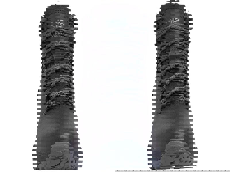 Karrimor Mendip 4 Mens Walking Hiking Lace Up Trek Leather Boots, front view of a black leather hiking boot with laced closure and rugged sole for outdoor trekking.