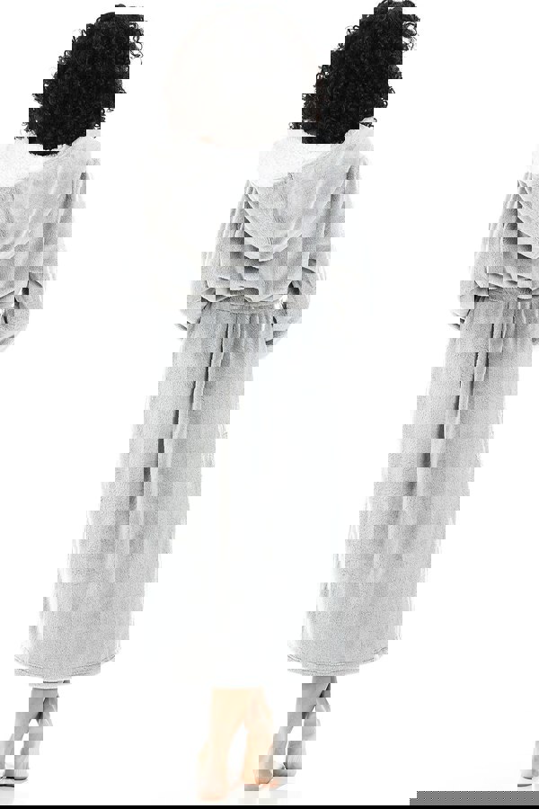 Camille Womens Light Grey Deep Pile Full Length Fleece Bathrobe with Sherpa Lined Hood & Cuffs