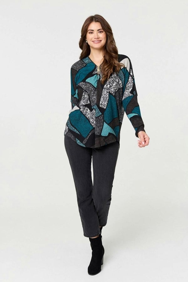 Teal | Abstract Print Zip-Front Long Sleeve Top
