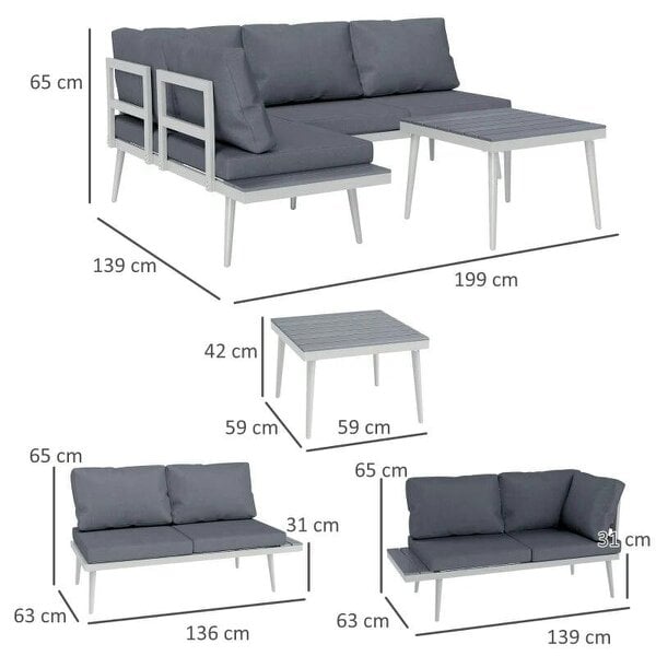 Bobobiy 3 Piece Garden Set with 5-Level Adjustable Lounger, L Shaped Garden Corner Sofa with Cushions, Slatted Wood-Grain Table, Grey