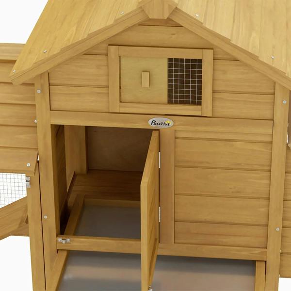 Wooden chicken coop nesting house with mesh window and door, natural wood finish