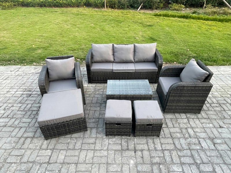 Fimous 8 Seater Rattan Garden Furniture Set Patio Outdoor Lounge Sofa Set with Rectangular Coffee Table 3 Footstools 3 Seater Sofa Dark Grey Mixed