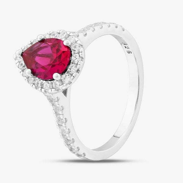 T. H. Baker Sterling Silver Red Pear Cut Cubic Zirconia Shoulder Set Halo Ring S2185