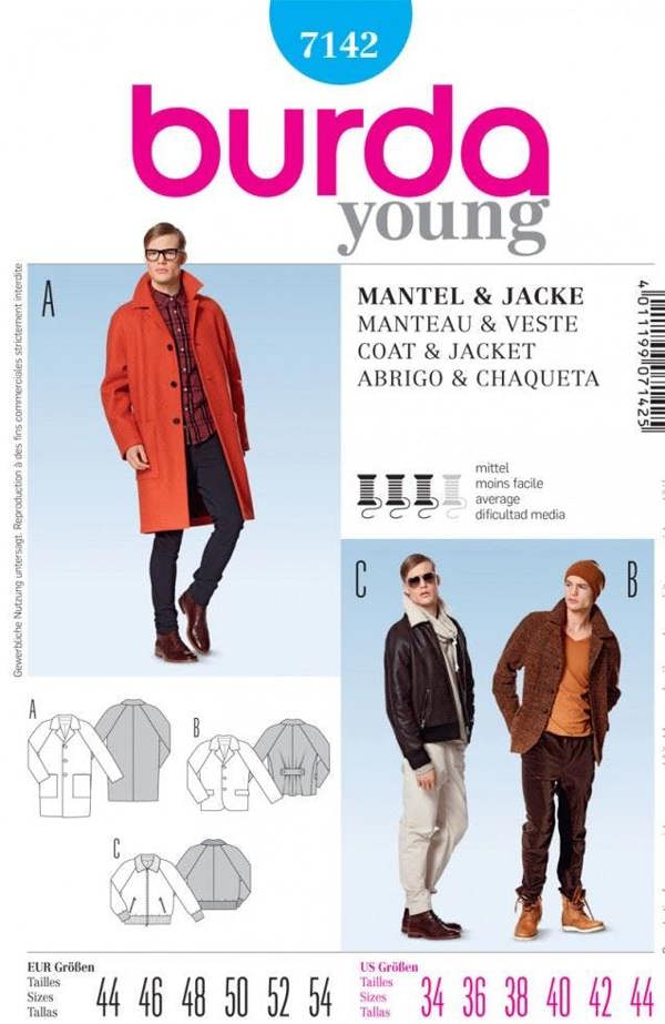 Burda Sewing Pattern 7142 Coats and Jackets For Men, 34 to 44 - Intermediate
