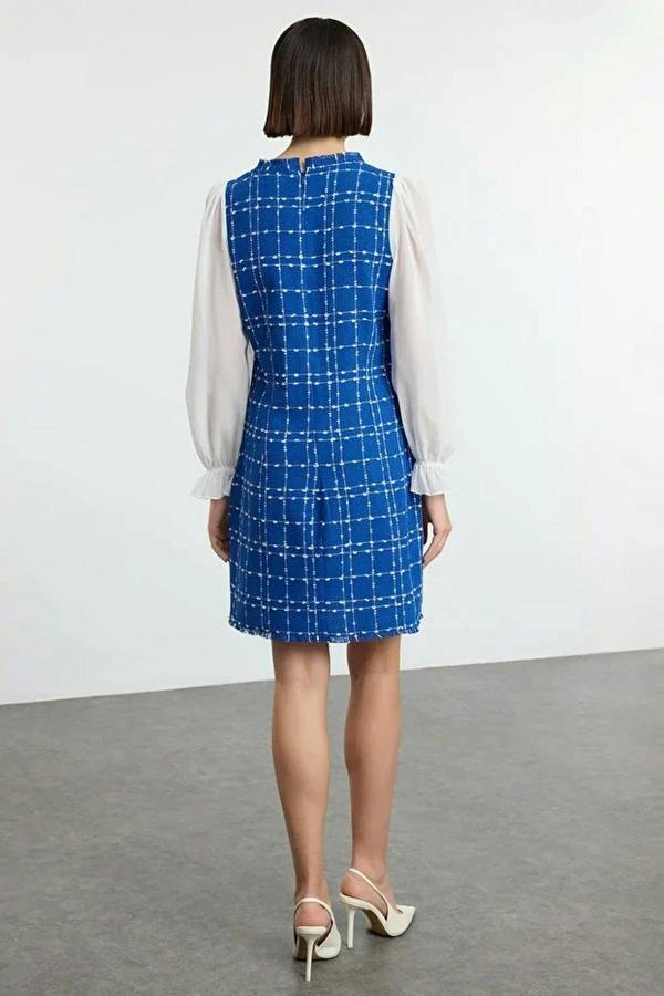 WOVCOR Tweed Argyle A-Line Mini Woven Dress with Chiffon Sleeve Detail