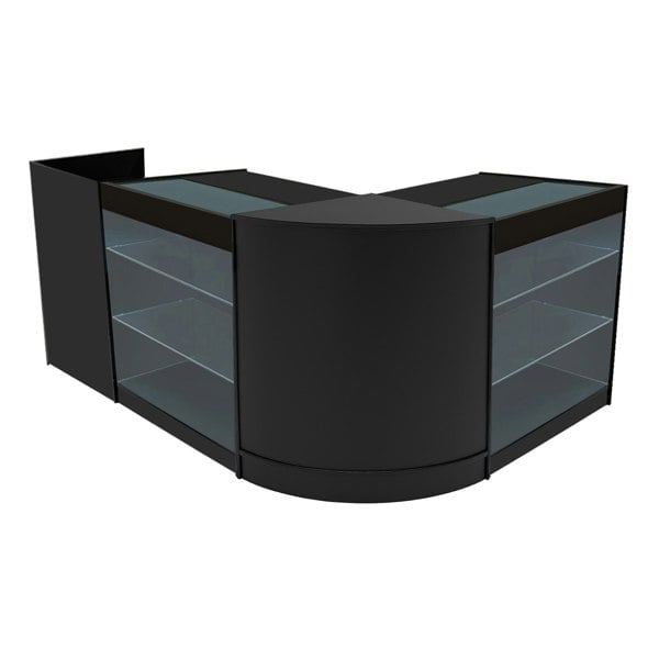 Black Aries LED Shop Counter Set featuring sleek glass shelves and a modern curved design, ideal for retail displays
