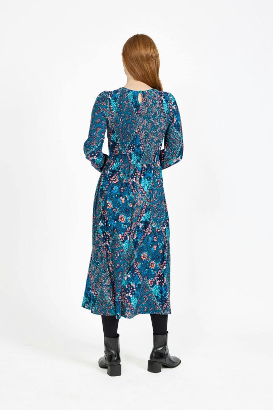Mudflower Floral Print Shirred Soft Touch Bodice Midi Dress
