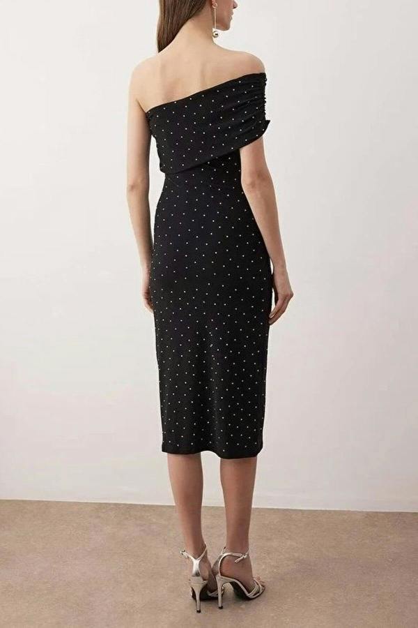 WOVCOR Stone Print One Shoulder Knit Midi Unlined Dress