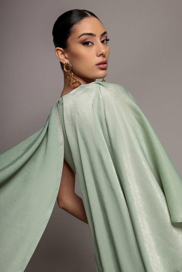 Goddiva Scoop Neck Velvet Satin Cape Sleeve Maxi Dress - Sage Green DR5074