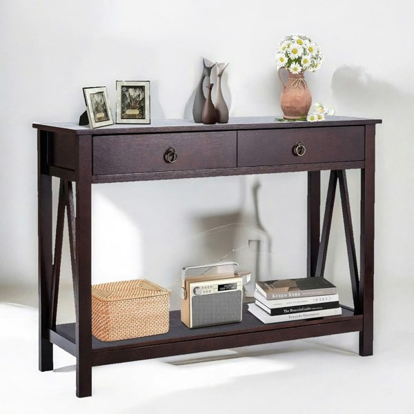 Rafaelo Mobilia Industrial Narrow Console Table With 2 Drawers Walnut Brown