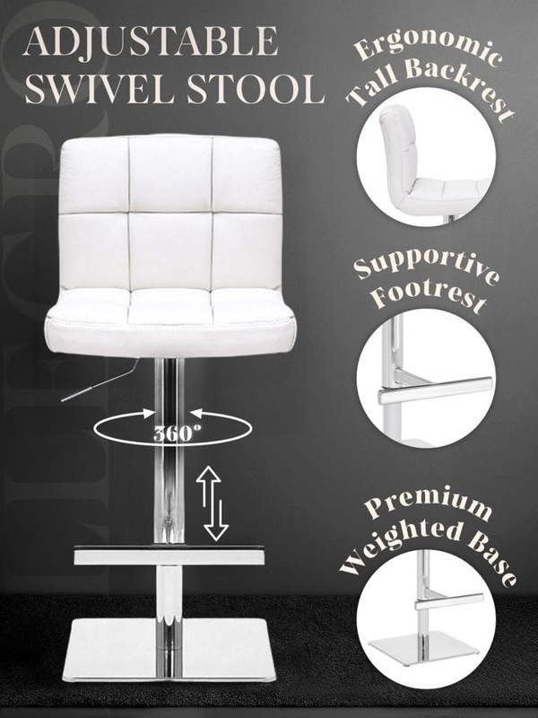Lamboro Allegro Signature Real Leather Adjustable Swivel Bar Stool with Square Base & Chrome Frame