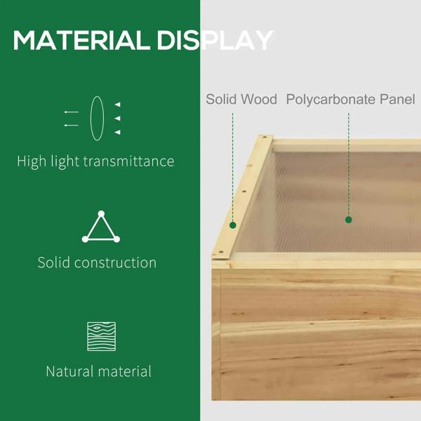 Wooden cold frame greenhouse side view with clear polycarbonate panel section
