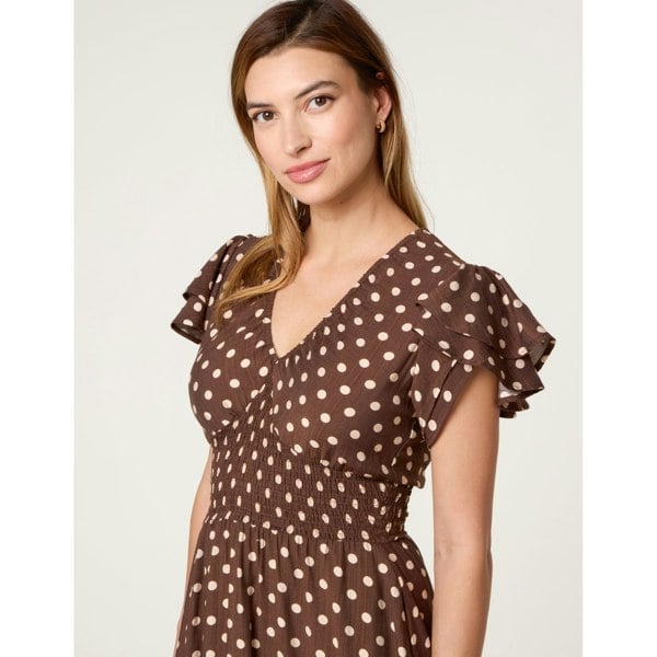 Blue Vanilla Polka Dot Double Frill Shirred Midi Dress