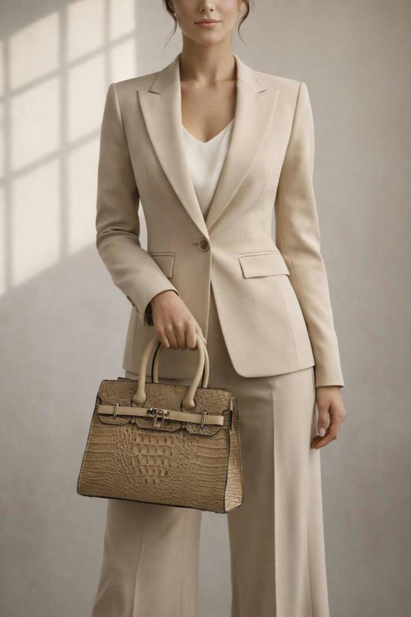 SVNX Crocodile-Print Handbag in Beige