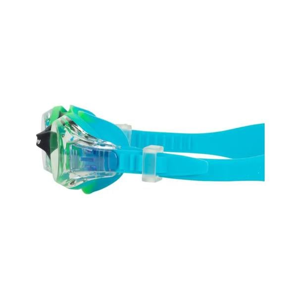 Fashy Junior Match Swim Goggles with blue green frames, clear lenses, silicone head strap