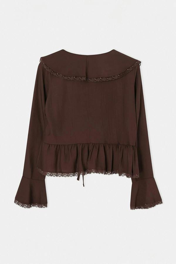 WOVCOR V Neck Long Sleeve Tie Front Lace Detail Blouse