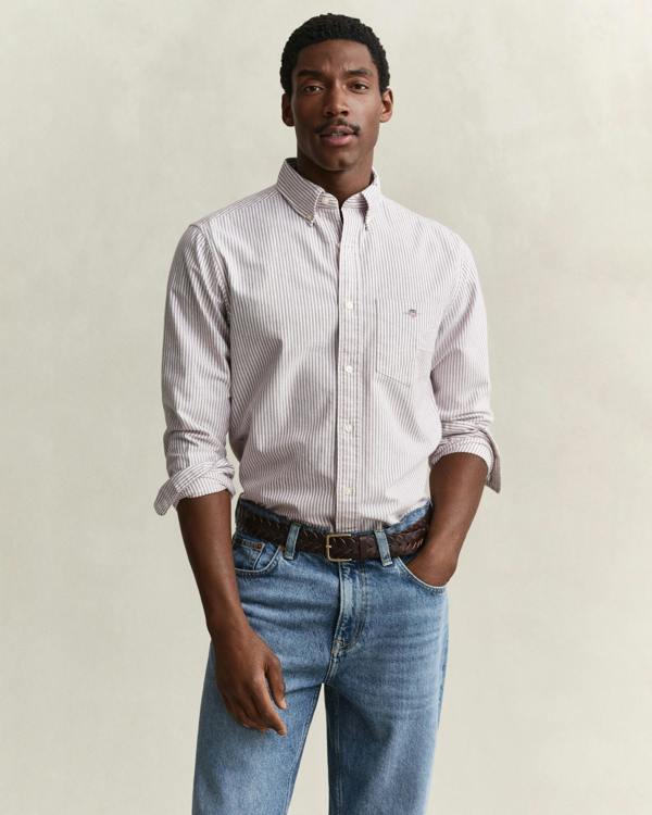GANT Mens Regular Fit Long Sleeve Oxford Banker Stripe Shirt - 676 Deep Grape Wine | CHO | Designer Mens Long Sleeve Shirts