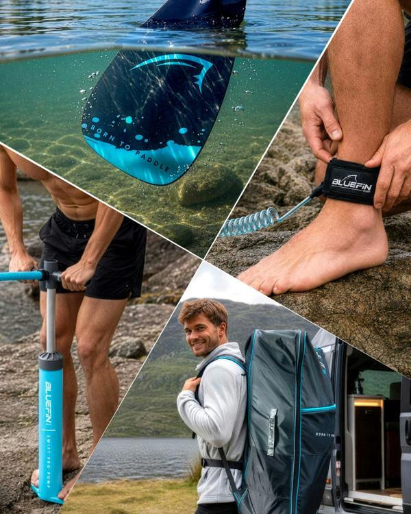 Collage of paddleboarding gear: paddle underwater, pump, ankle leash, and backpack with logo.