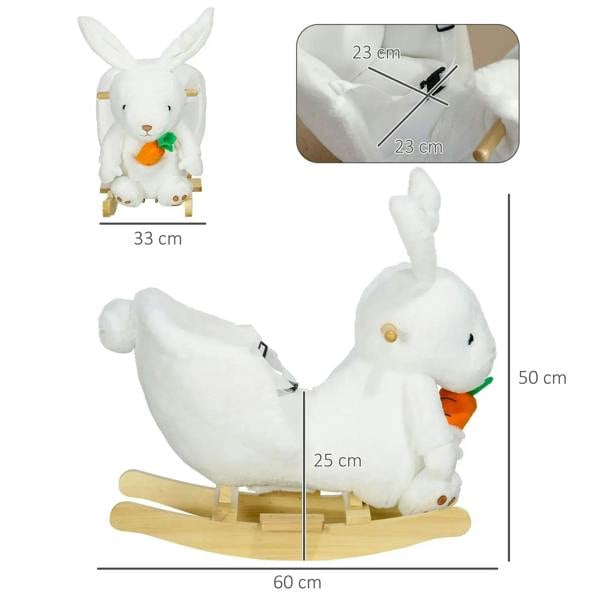 White rabbit-shaped rocking horse with safety belt and wooden base, with size guides