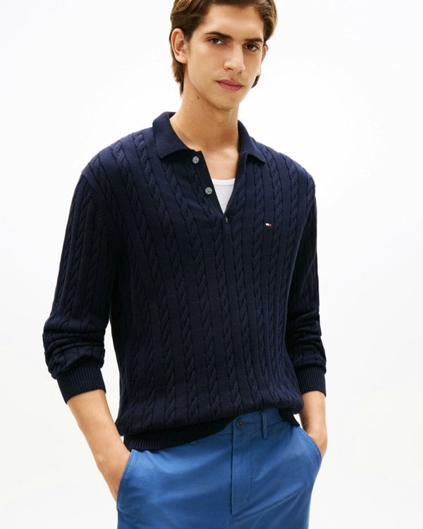 Tommy Hilfiger Classic Cotton Cable Mens Long Sleeve Polo - Desert Sky - CHO - Designer Mens Short Sleeve Polo Shirts