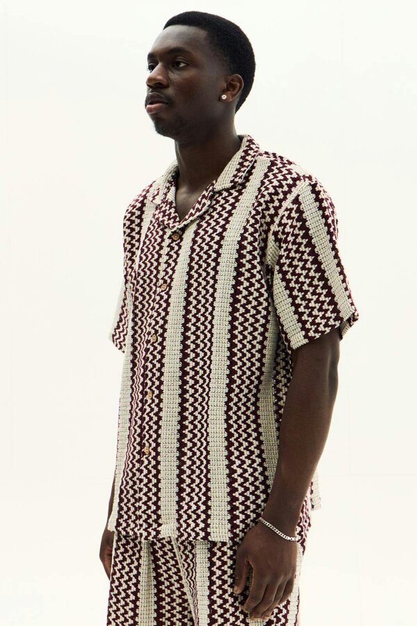Men’s Crochet Texture Matching Shirt & Shorts Set – Boxy Fit | 100% Cotton - BURG