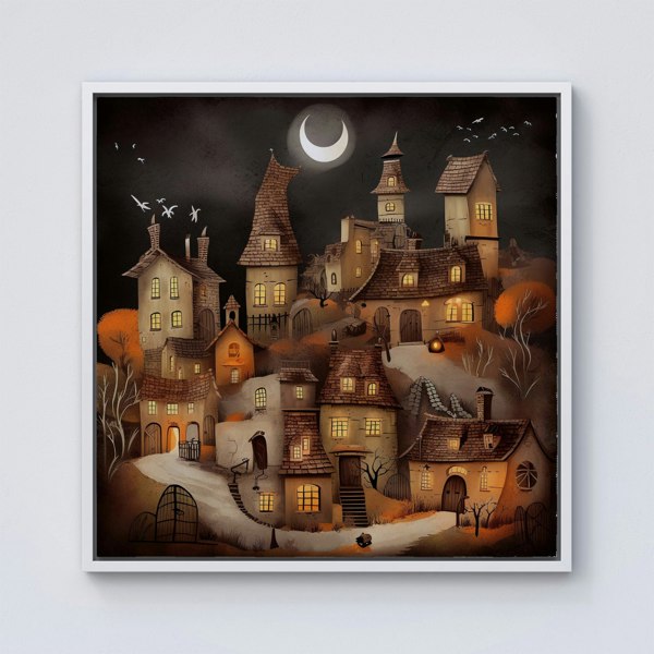 Warren Reed Spooky Halloween Village Framed Canvas