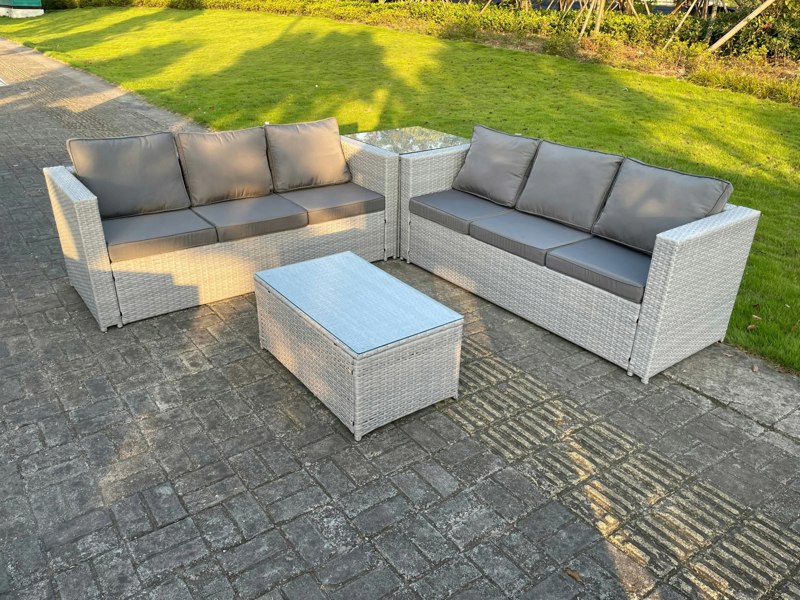 Fimous Rattan Outdoor Garden Furniture Set with Corner Sofa, Coffee Table & Side Table - 6 Seater - Light Grey