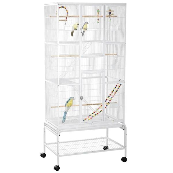 White 3-tier bird aviary cage with perches, ladders, and hanging toys