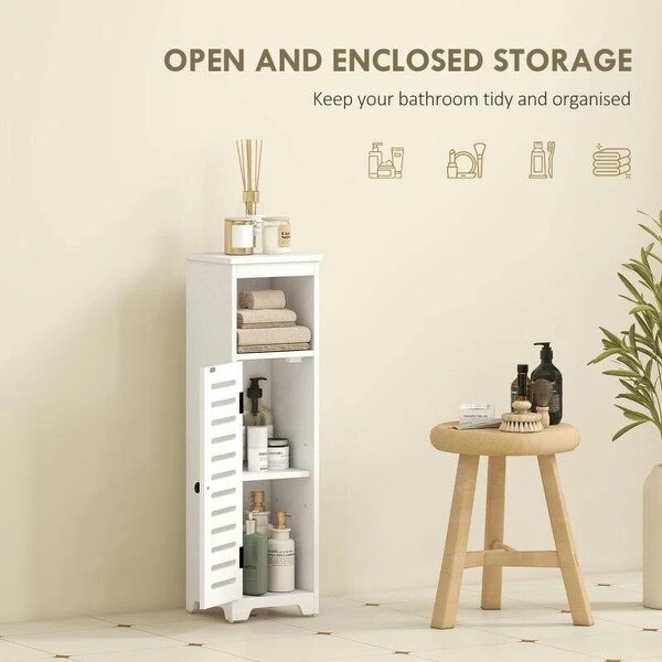 Bathroom Floor Cabinet, Bathroom Storage Unit with Louvered Door, Open Shelf, Adjustable Shelf, White, 22 x 20 x 75 cm