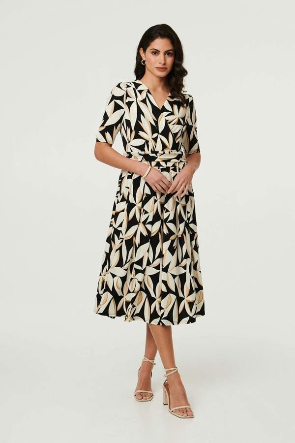 Black | Leaf Print 1/2 Sleeve Wrap Midi Dress