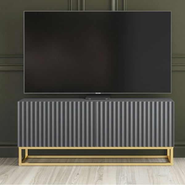 Mex Furniture Grey TV Unit with Gold Base 100cm – Fluted Fronts & Push-Down Doors