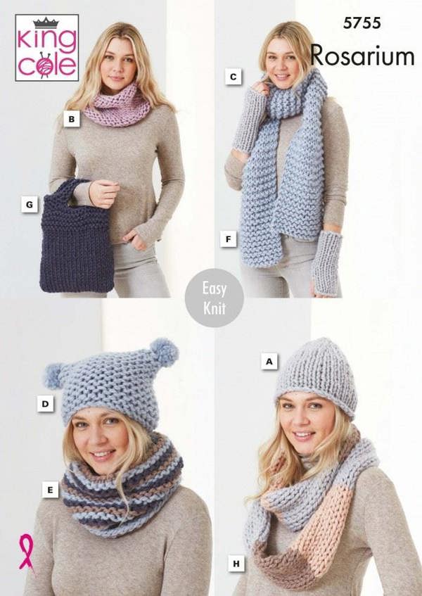 King Cole Rosarium Mega Chunky Knitting Pattern 5755, Headwear, Scarves, Wrist Warmers, Bags for Women, One Size