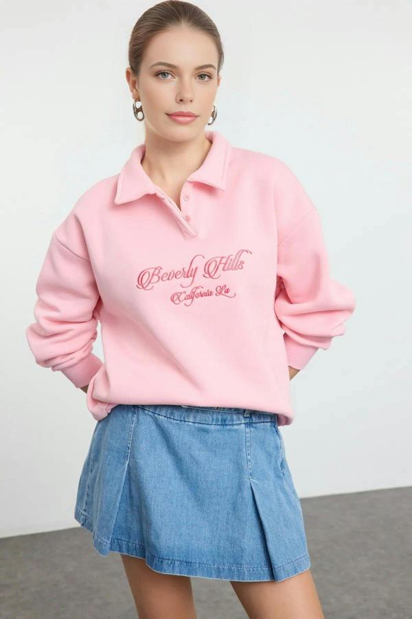 WOVCOR Shirt Collar Slogan Embroidered Polar Fleece Knit Sweatshirt