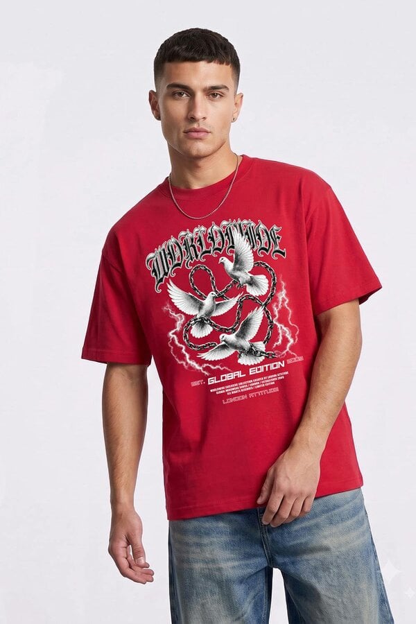London Attitude Worldwide Global Edition Oversized Heavyweight Graphic T-Shirt - Red