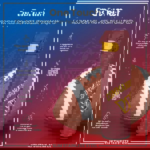 A maroon water bottle, featuring a one-touch flip top and a Washington Commanders design, sits near an American football against a dark background. "One Touch. Flip top opens one-handed with a simple click." "Flips open with a simple click." "One-handed use on the go." "Triple lock security." "100% leak proof - no twisting, no leaks." "Slim Stainless Steel."